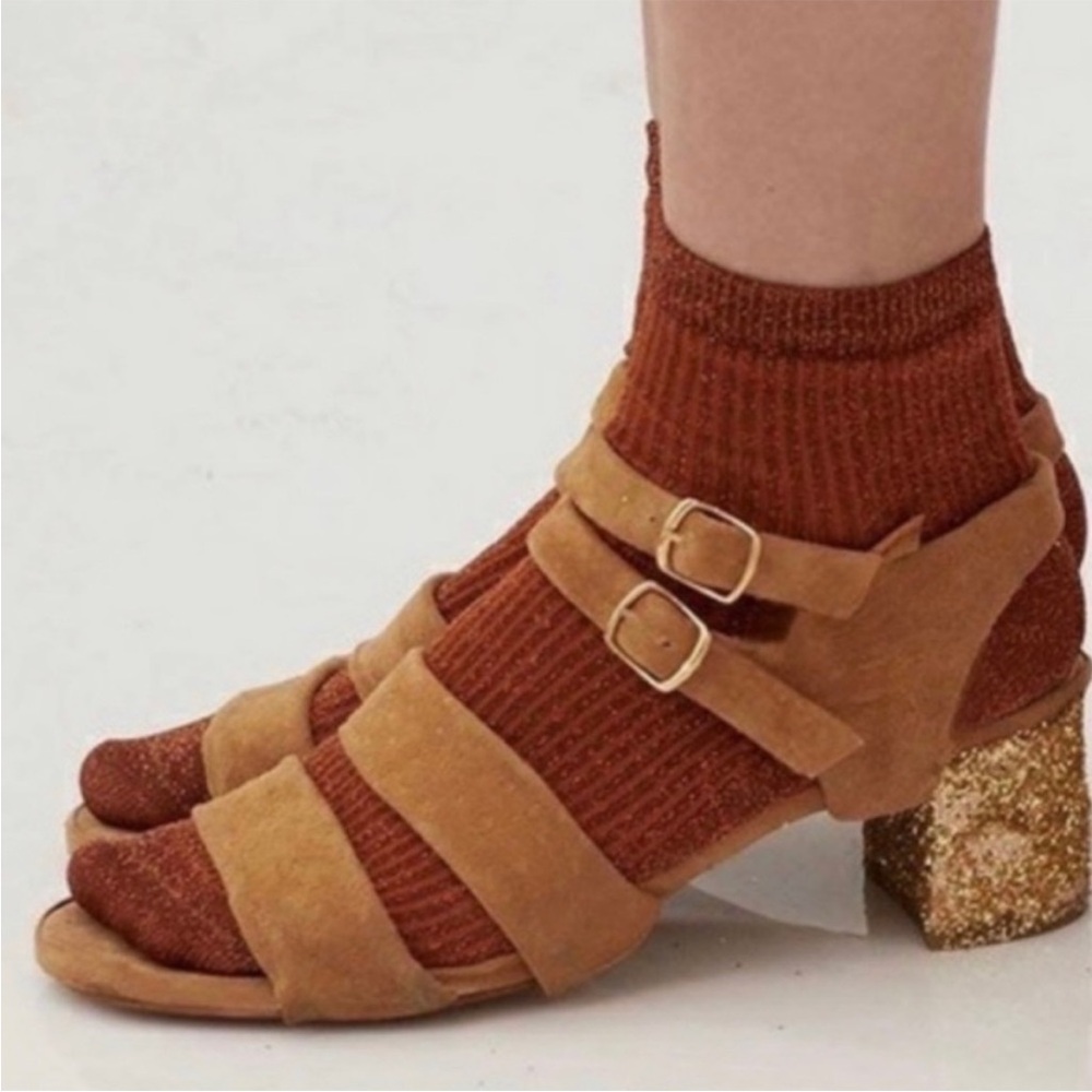 For Love & Lemons x Marais Collab Camel Jardin Glitter Heel Womens 6 Suede